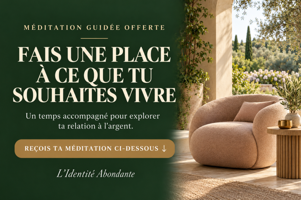 Méditation guidée offerte : un temps accompagné pour explorer ta relation à l’argent. Reçois ta méditation grâce au formulaire ci-dessous.