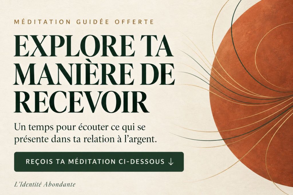 Affiche « Méditation guidée offerte — Explore ta manière de recevoir », avec des lignes courbes évoquant l’écoute et une flèche vers le formulaire ci-dessous.