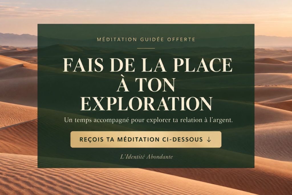 Affiche sur un paysage de dunes : « MÉDITATION GUIDÉE OFFERTE » et « FAIS DE LA PLACE À TON EXPLORATION » ; une flèche dirige vers le formulaire pour recevoir la méditation par email.