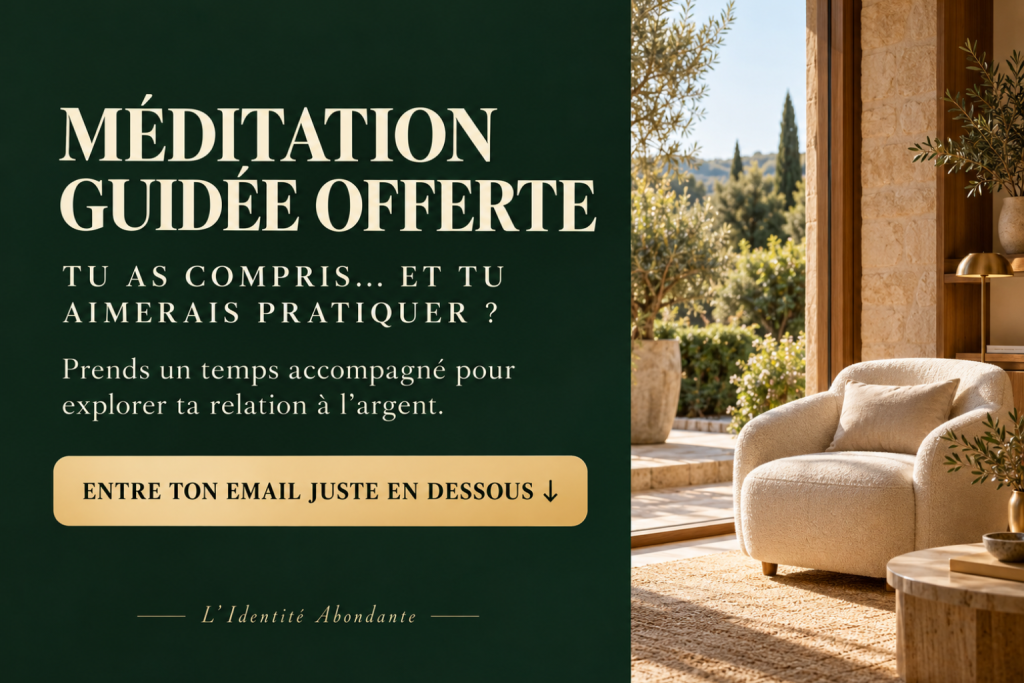 Méditation guidée offerte : un temps accompagné pour explorer ta relation à l’argent. Entre ton email dans le formulaire juste en dessous.