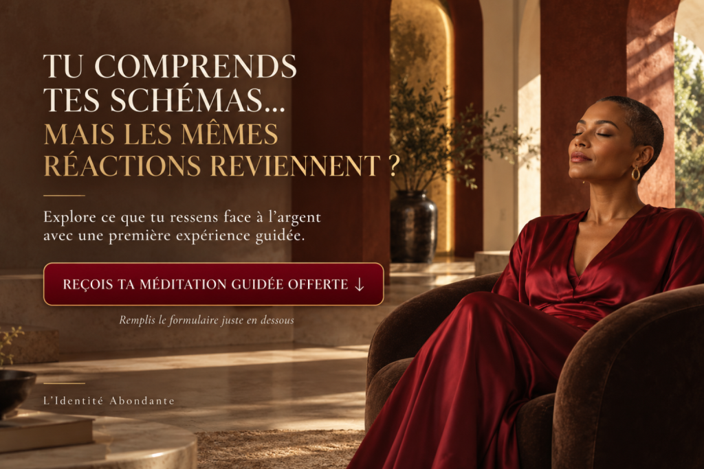 Femme en robe rouge, les yeux fermés dans un fauteuil brun, à côté du texte « Tu comprends tes schémas… mais les mêmes réactions reviennent ? » et d’une invitation à recevoir une méditation guidée offerte sur la relation à l’argent.