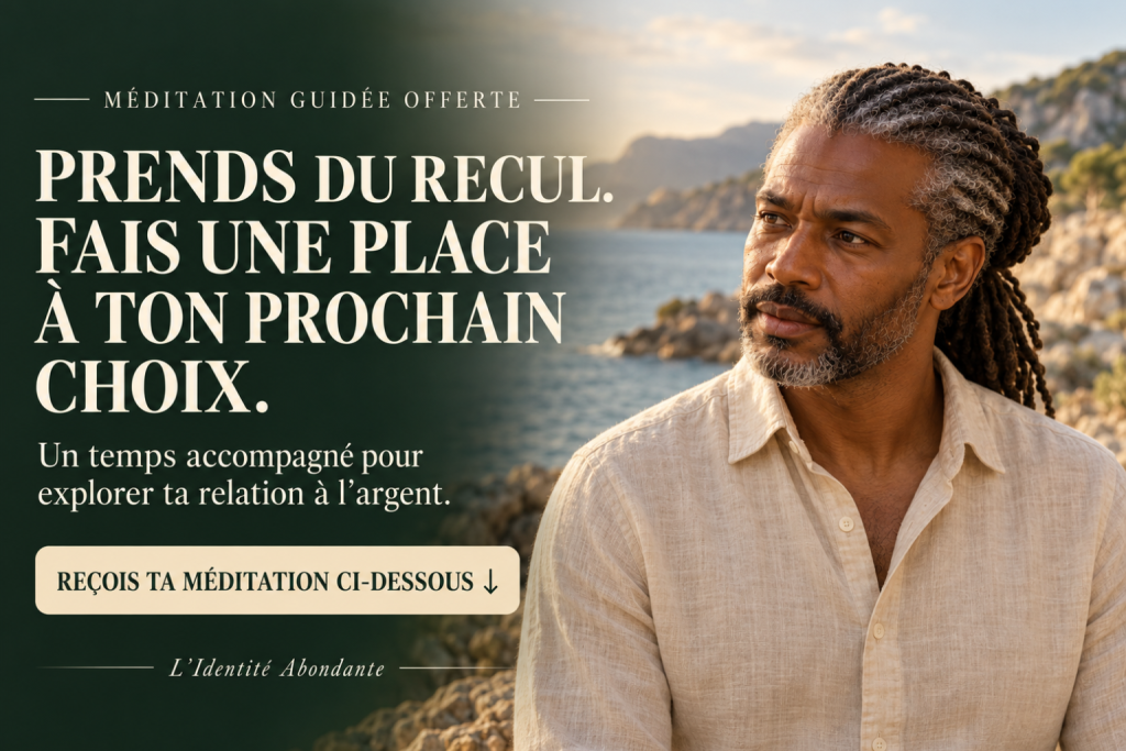 Homme noir aux locs grisonnantes attachées regardant la mer depuis une côte rocheuse. Le visuel invite à prendre du recul et à explorer sa relation à l’argent avec une méditation guidée offerte ; une flèche indique le formulaire ci-dessous.