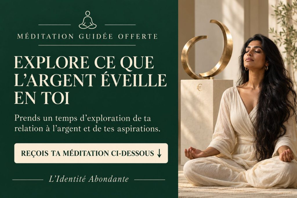 Méditation guidée offerte : « Explore ce que l’argent éveille en toi ». Une flèche indique le formulaire situé dessous.
