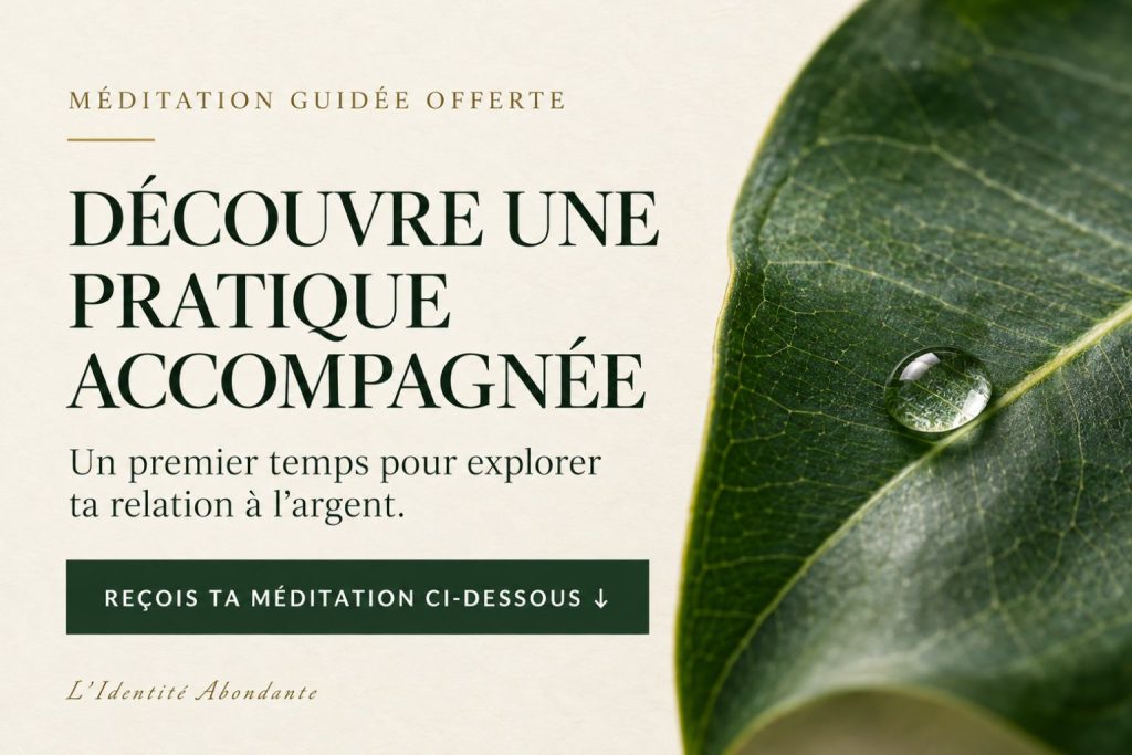 Affiche vert profond sur un détail de feuille : « Méditation guidée offerte » et « Découvre une pratique accompagnée » ; une flèche indique le formulaire pour recevoir la méditation par email.