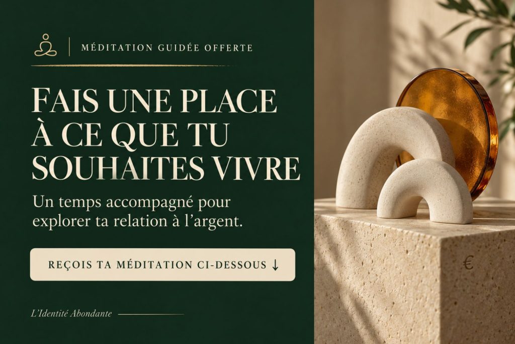 Méditation guidée offerte : « Fais une place à ce que tu ressens face à l’argent ». Une flèche indique le formulaire situé dessous.