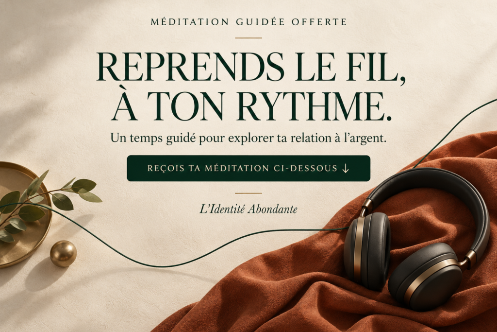 Casque audio sur un tissu terracotta avec l’invitation « Méditation guidée offerte — Reprends le fil, à ton rythme » ; une flèche indique le formulaire de réception ci-dessous.
