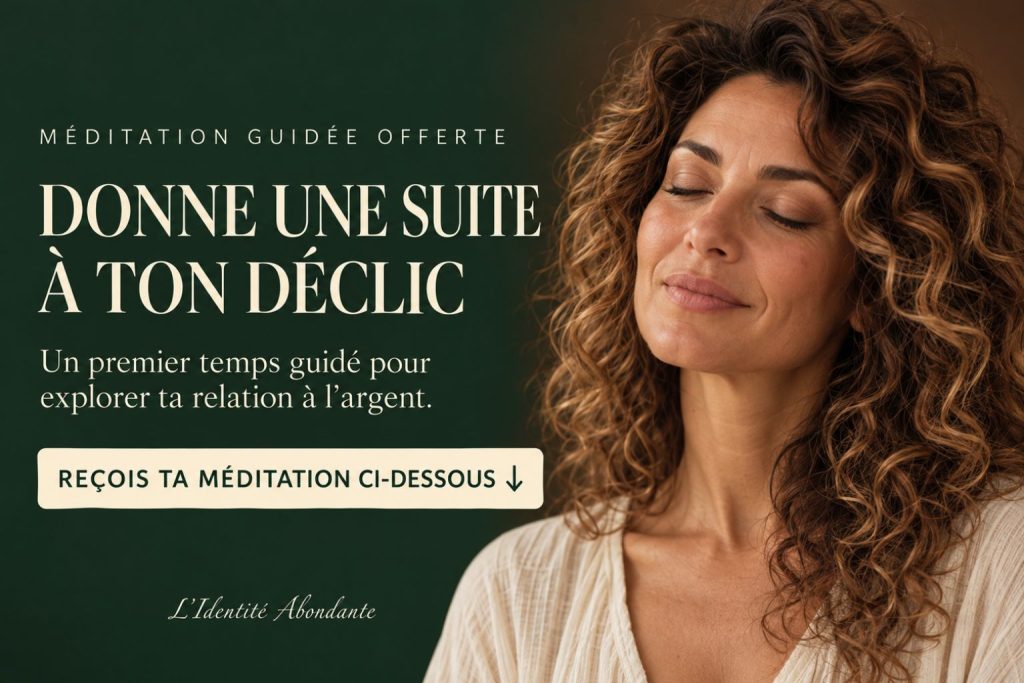 « Méditation guidée offerte — Donne une suite à ton déclic », accompagné du portrait d’une femme aux yeux fermés ; une flèche indique le formulaire ci-dessous pour recevoir la pratique.