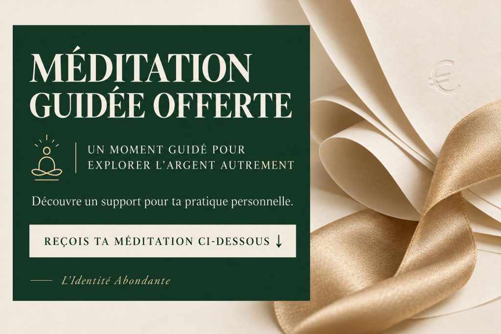 Méditation guidée offerte : « Un moment guidé pour explorer l’argent autrement ». Une flèche indique le formulaire situé dessous.