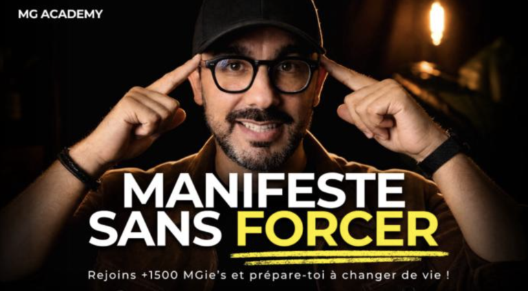 Visuel MG Academy montrant un homme avec une casquette et des lunettes, les index aux tempes, avec le texte « Manifeste sans forcer ».