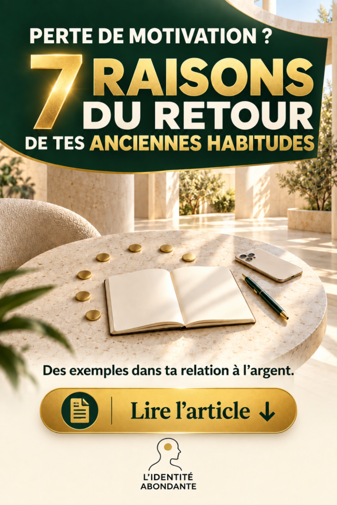 Illustration sur la perte de motivation et le retour des anciennes habitudes : 7 raisons expliquées à travers des exemples liés à la relation à l’argent, avec un carnet ouvert dans un espace lumineux.
