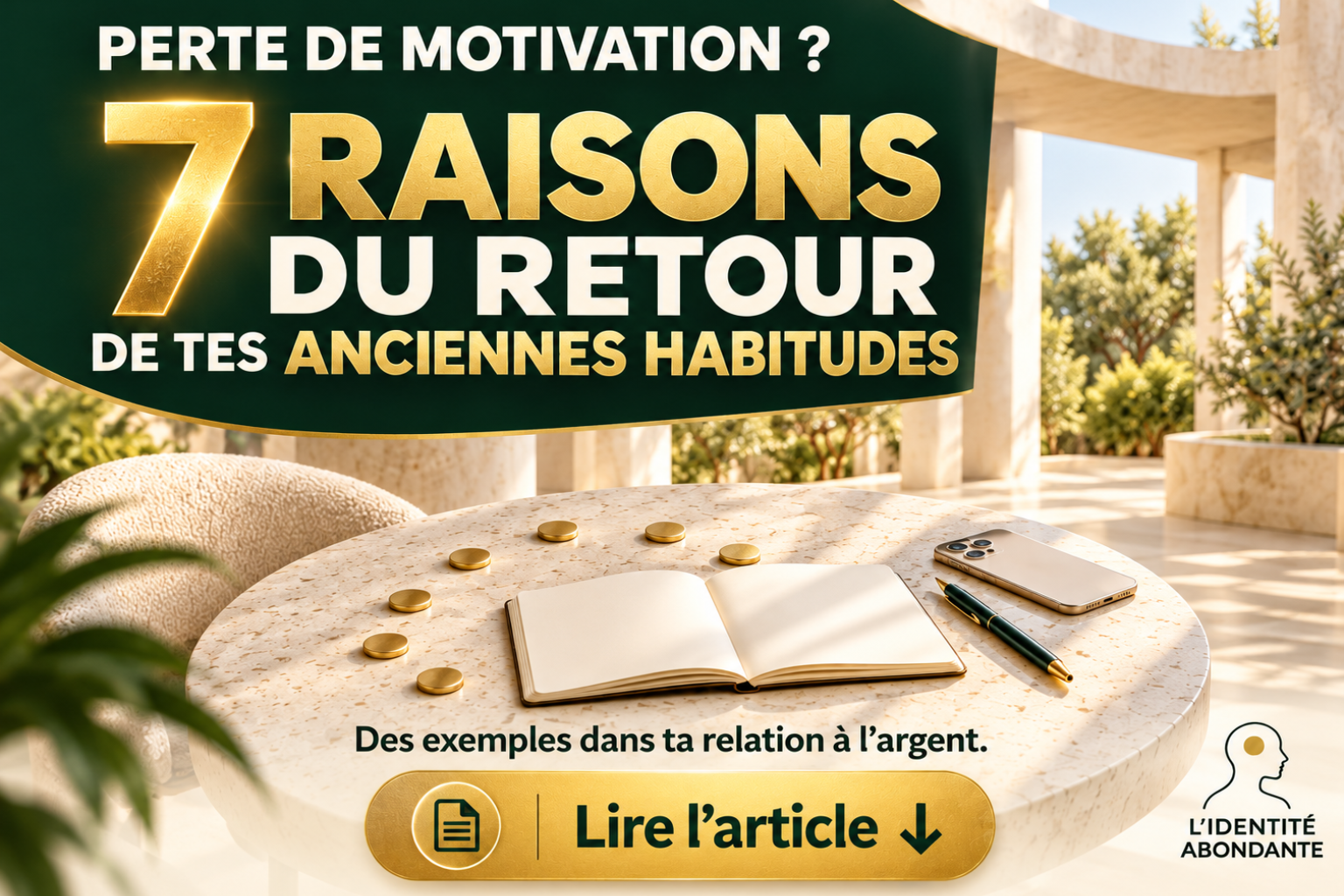 Illustration de couverture représentant un carnet ouvert sur une table en pierre, un smartphone, un stylo et plusieurs jetons dorés dans un espace lumineux. Le visuel introduit l'article "Perte de motivation : 7 raisons du retour de tes anciennes habitudes" consacré aux habitudes, à la psychologie de l'argent, au retour des anciens réflexes et à la reprogrammation de sa relation à l'argent.
