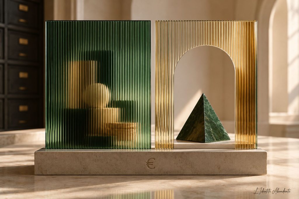 Deux panneaux de verre, l’un masquant des formes superposées et l’autre laissant voir un objet net, sur un socle portant un euro.