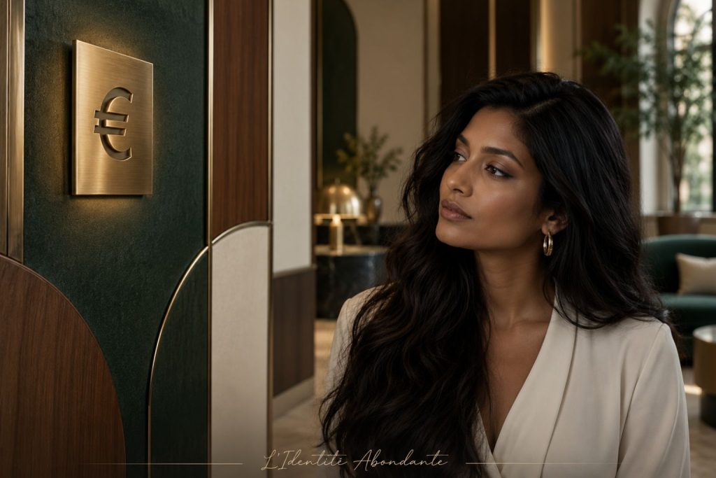 Femme indienne aux longues locks devant des panneaux crème et verts, regardant une plaque dorée portant un symbole euro.