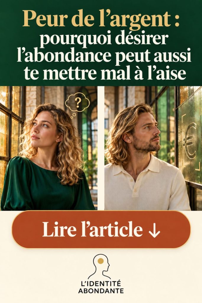 Affiche sur la peur de l’argent montrant une femme blonde en robe vert profond, au regard interrogatif sous un point d’interrogation doré, et un homme blond en polo clair observant un symbole euro sur une vitre. Le titre « Peur de l’argent : pourquoi désirer l’abondance peut aussi te mettre mal à l’aise » illustre les émotions contradictoires entre désir d’abondance financière et inquiétude face à l’argent.