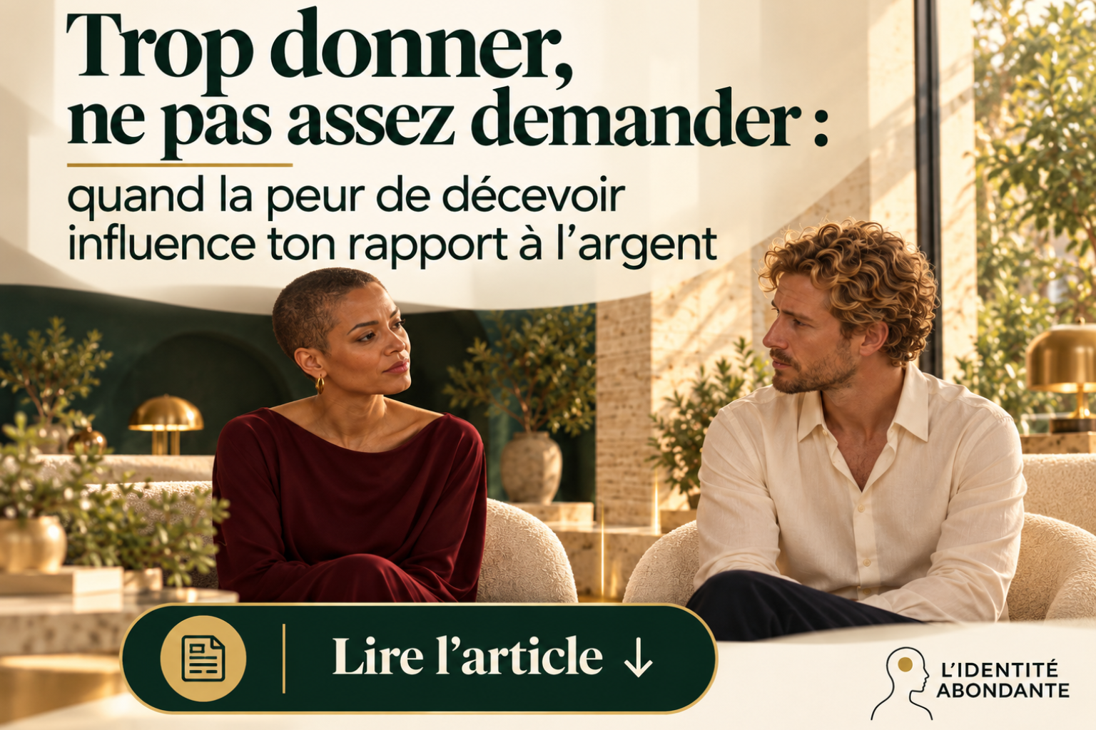Femme métisse aux cheveux très courts et homme blond assis face à face dans un salon lumineux, illustrant la peur de décevoir, le fait de trop donner et la difficulté à demander dans le rapport à l’argent.