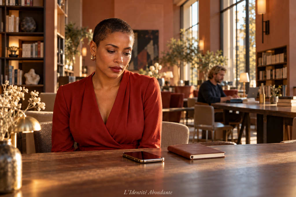 Femme aux cheveux très courts, vêtue de rouge, regardant un téléphone posé sur une table dans un salon de lecture, pour illustrer l’hésitation à formuler une demande liée à l’argent.
