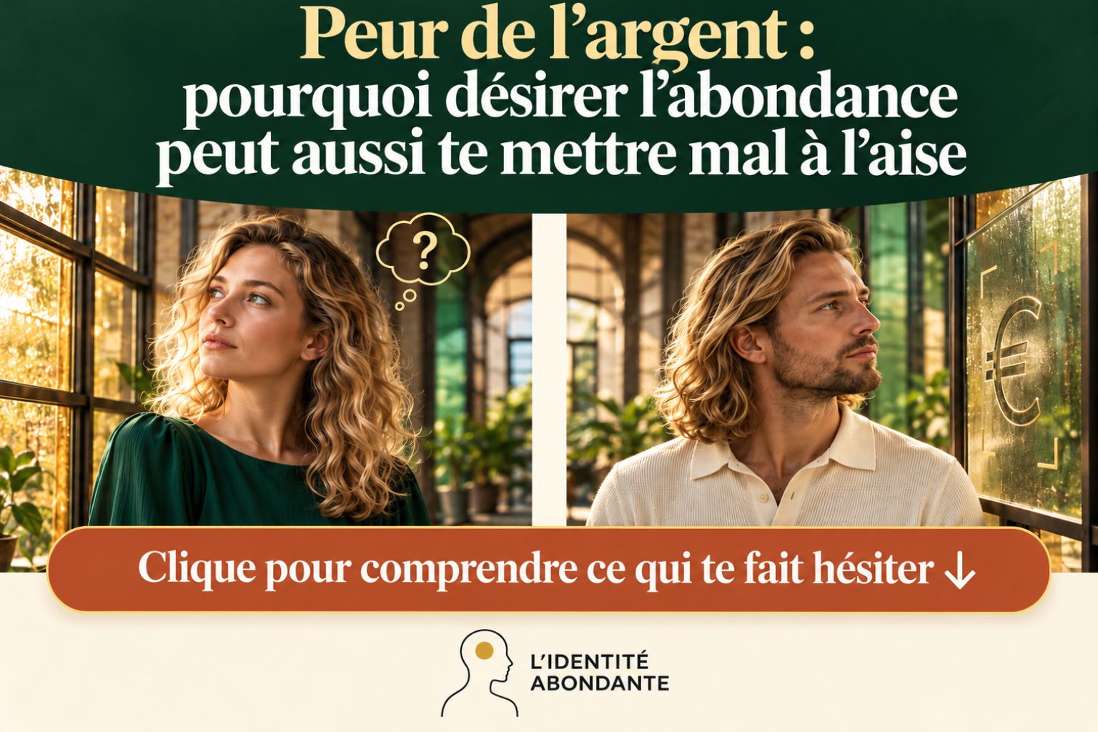 Deux portraits, une femme blonde en robe verte et un homme blond en polo clair, dans une galerie lumineuse. Un symbole euro apparaît sur une vitre, avec le titre « Peur de l’argent : pourquoi désirer l’abondance peut aussi te mettre mal à l’aise » et une invitation à lire l’article.