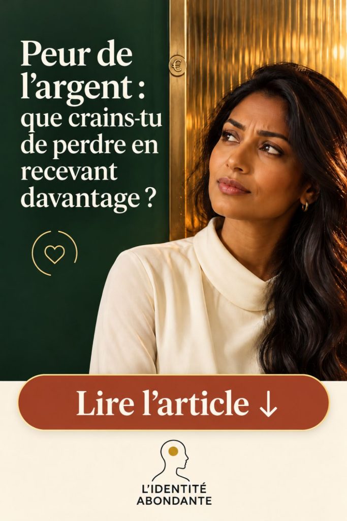 Visuel sur la peur de l’argent : une femme indienne en chemisier blanc, au regard interrogatif, devant un décor vert profond et doré avec un symbole euro. Texte : « Peur de l’argent : que crains-tu de perdre en recevant davantage ? » et « Lire l’article ↓ ». Logo L’Identité Abondante.