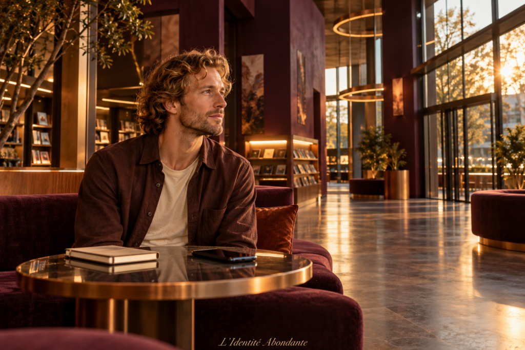 Homme blond assis sur une banquette dans un hall lumineux, avec un téléphone et un carnet sur une table, illustrant un temps de réflexion avant une demande ou une décision liée à l’argent.