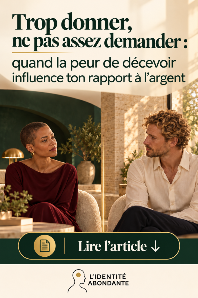 Femme en robe rouge échangeant avec un homme blond dans un salon lumineux, illustrant la peur de décevoir, le fait de trop donner et la difficulté à demander de l’argent.