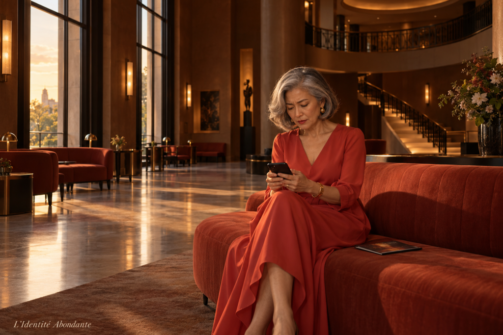 Femme en robe rouge corail regardant son téléphone sur une banquette dans un foyer de théâtre, illustration de la peur de perdre son argent malgré une situation stable.