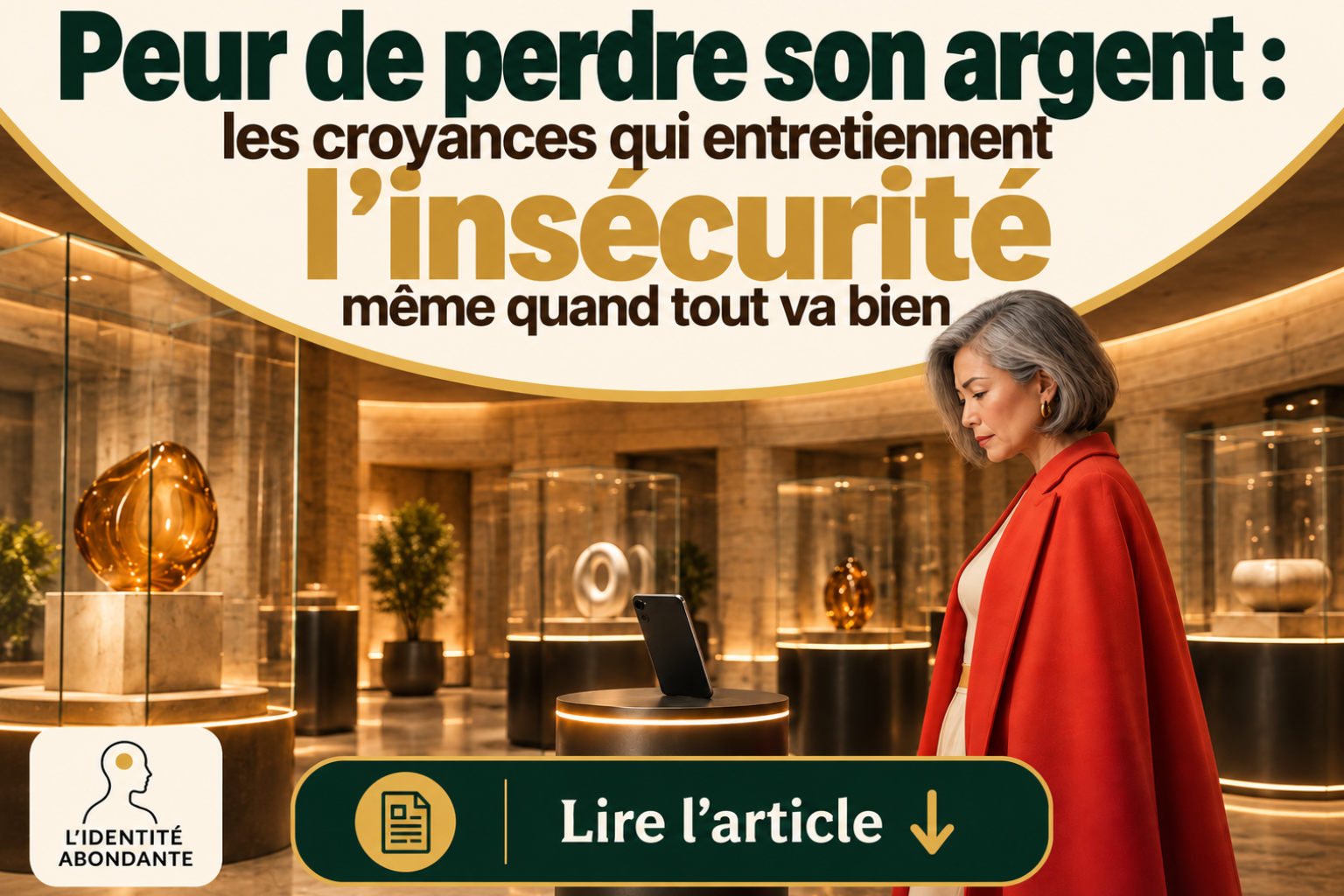 Femme mature en manteau rouge dans un musée contemporain, face à un smartphone, avec le texte « Peur de perdre son argent : les croyances qui entretiennent l’insécurité même quand tout va bien », pour illustrer l’insécurité financière, la peur du manque et les croyances limitantes sur l’argent.