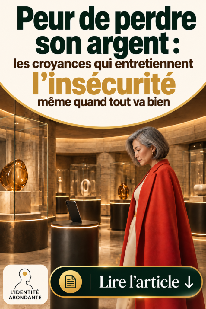 Femme mature aux cheveux gris dans une galerie contemporaine, regardant un téléphone, avec le texte « Peur de perdre son argent : les croyances qui entretiennent l’insécurité même quand tout va bien », pour illustrer la peur de perdre son argent et l’insécurité financière malgré une situation stable.