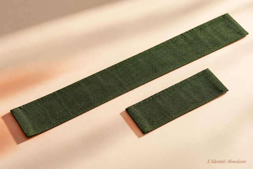 Deux bandes de tissu vert profond de longueurs différentes, posées parallèlement sur un fond crème ; composition symbolisant un format ordinaire et une version courte d’une même pratique.