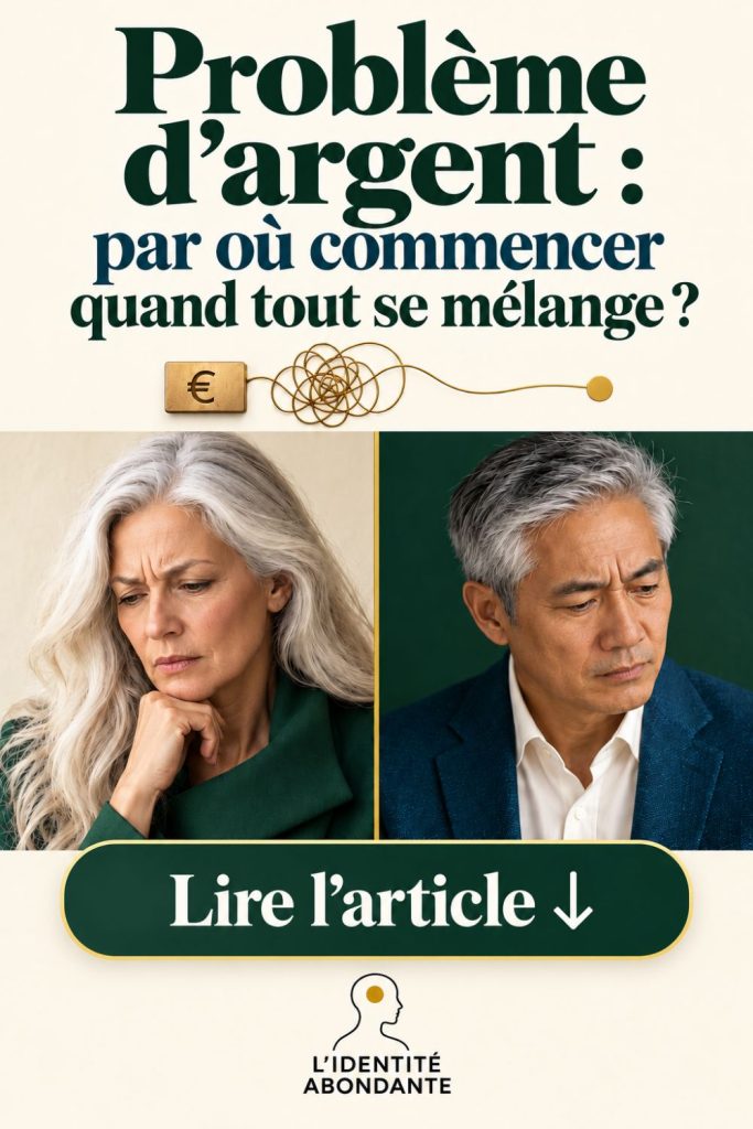 Affiche sur le problème d’argent et la difficulté de savoir par où commencer. Une femme aux longs cheveux gris et un homme aux cheveux gris semblent préoccupés. Au-dessus, un symbole euro est relié à un fil doré emmêlé, représentant la confusion financière. Le titre indique « Problème d’argent : par où commencer quand tout se mélange ? » et invite à trouver un point de départ.