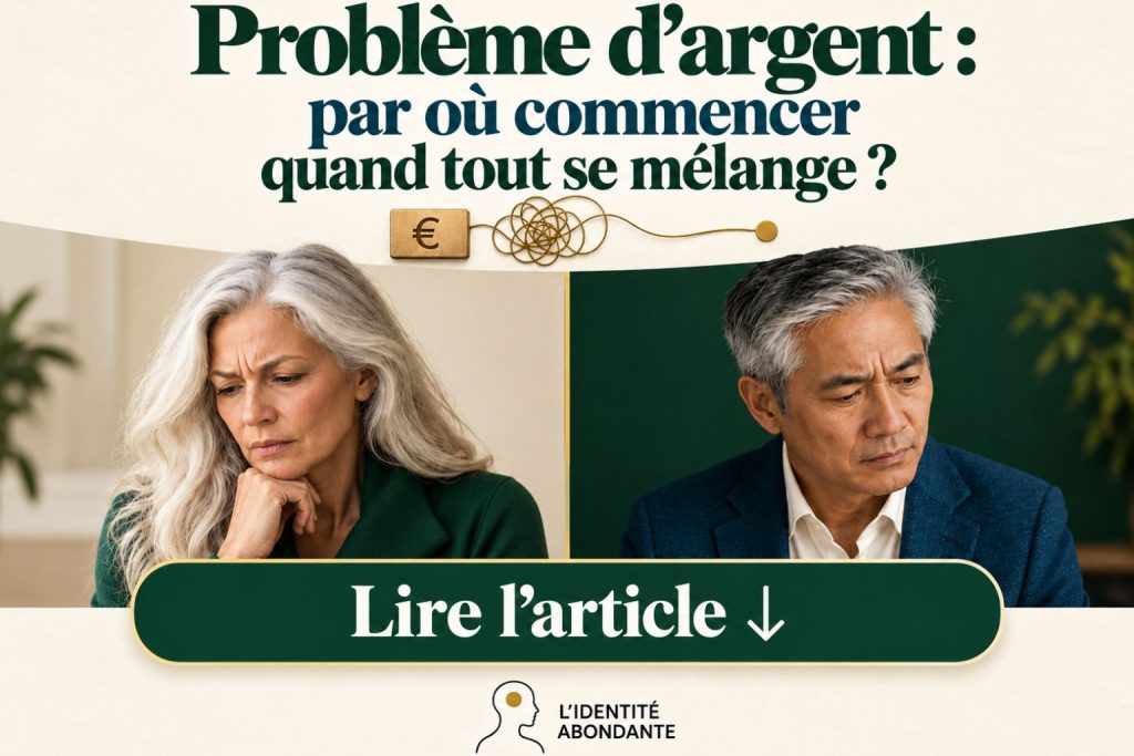 Deux personnes aux cheveux gris, une femme pensive en veste vert foncé et un homme préoccupé en veste bleue, illustrent un problème d’argent. Au-dessus, le titre « Problème d’argent : par où commencer quand tout se mélange ? » accompagne un symbole euro relié à un fil emmêlé. Un bandeau vert indique « Lire l’article » avec une flèche vers le bas.