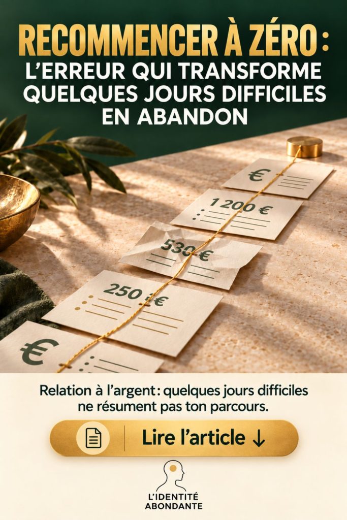 Affiche « Recommencer à zéro : l'erreur qui transforme quelques jours difficiles en abandon ». Sur une table en pierre, des documents financiers affichant 250 €, 530 € et 1 200 € sont reliés par un fil doré, symbolisant la continuité du parcours financier malgré les interruptions. Un appel à lire l'article apparaît en bas.