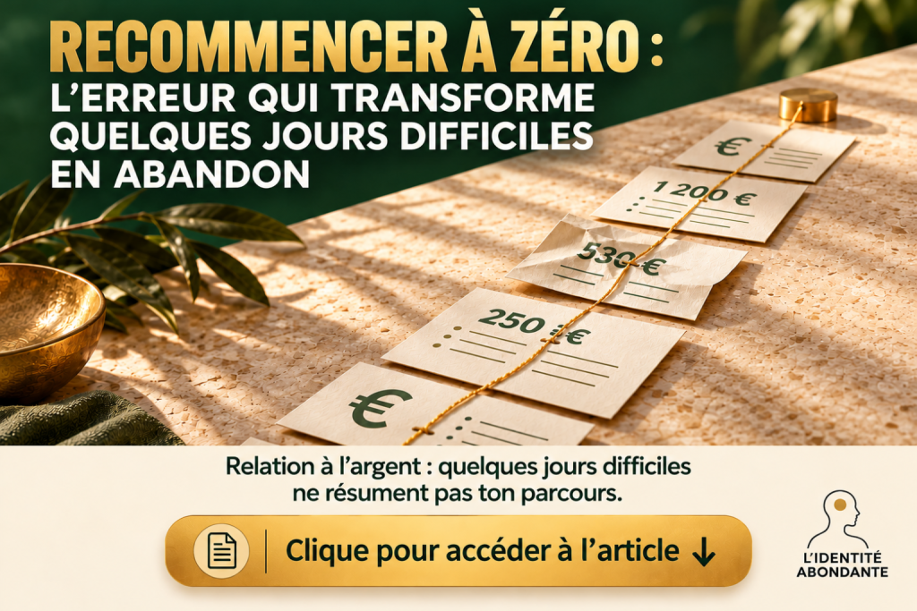 Image de couverture sur le thème recommencer à zéro après une interruption : plusieurs cartes indiquant 250 €, 530 € et 1 200 € sont reliées par un fil doré sur une table, pour illustrer les étapes d’un parcours lié à l’argent et l’idée que quelques jours difficiles ne signifient pas forcément un abandon.