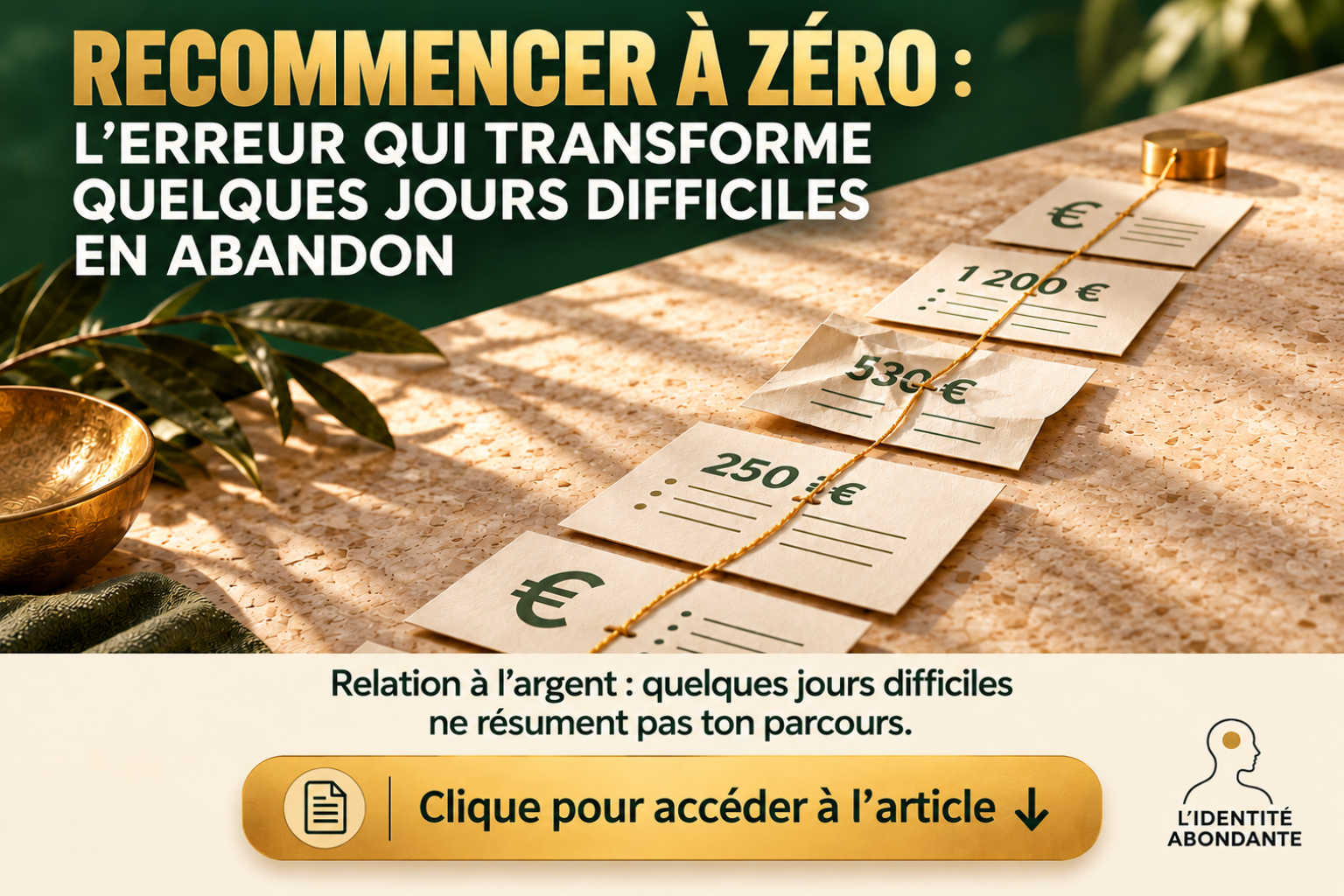 Image de couverture sur le thème recommencer à zéro après une interruption : plusieurs cartes indiquant 250 €, 530 € et 1 200 € sont reliées par un fil doré sur une table, pour illustrer les étapes d’un parcours lié à l’argent et l’idée que quelques jours difficiles ne signifient pas forcément un abandon.