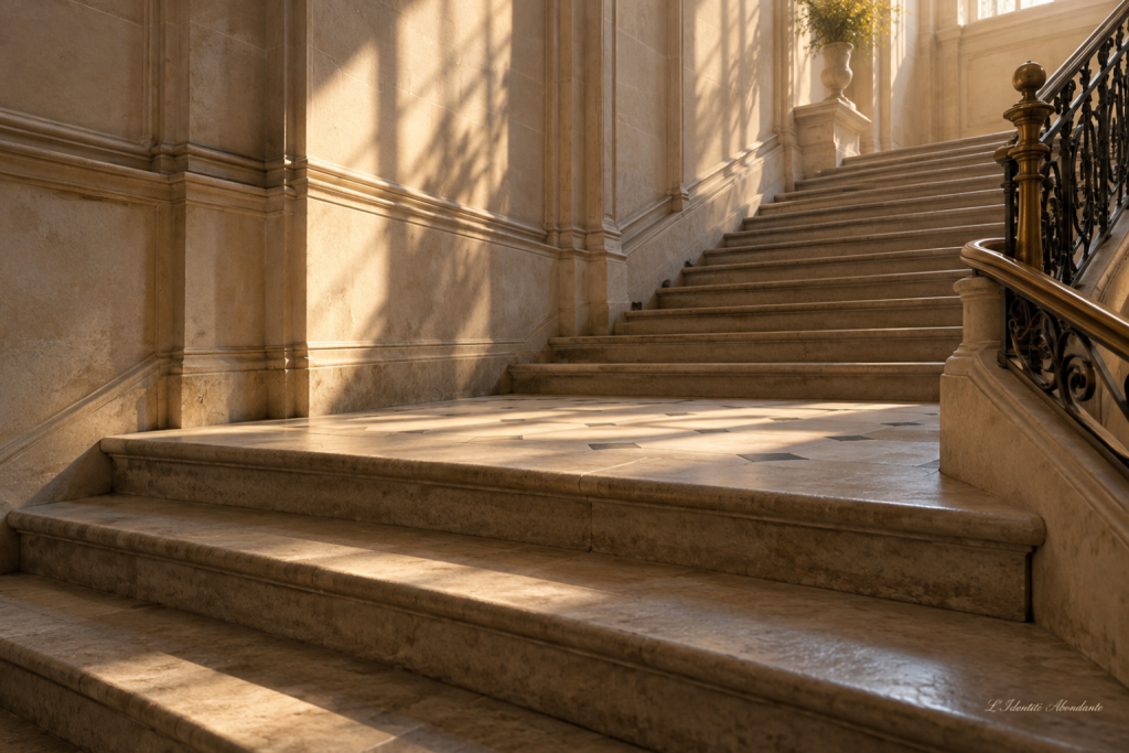 Palier d’un escalier en pierre ; scène évoquant une pause sans effacer le chemin déjà parcouru.