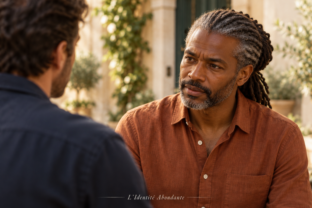 Homme noir aux locs grisonnantes attachées écoutant un interlocuteur vu de dos dans une cour contemporaine ; la scène représente une réponse préparée, consistant à clarifier un échange avant de s’engager dans une décision liée à l’argent.