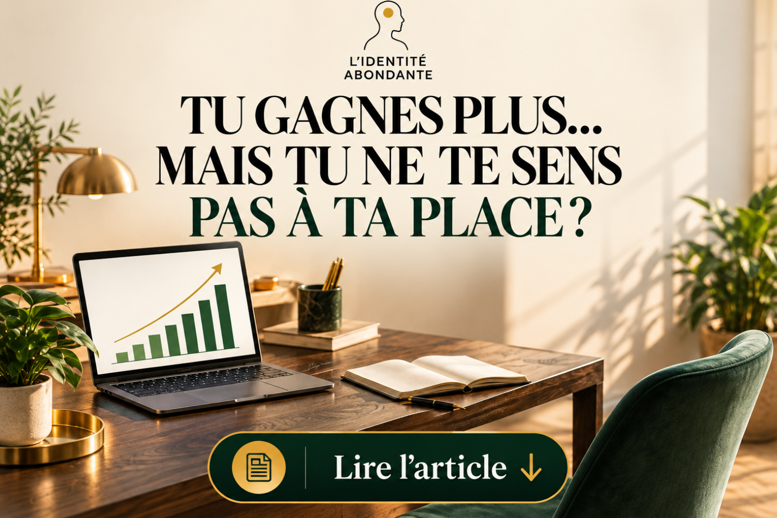 Bureau lumineux avec ordinateur affichant un graphique de revenus en hausse, carnet ouvert et fauteuil vert, accompagné du texte « Tu gagnes plus… mais tu ne te sens pas à ta place ? » et d’un appel à lire l’article sur la relation à l’argent et le sentiment de légitimité.