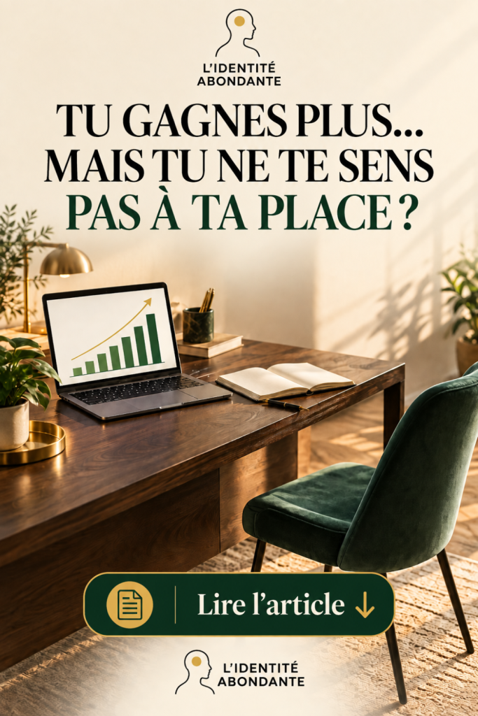 Bureau lumineux avec ordinateur affichant un graphique de revenus en hausse et chaise verte vide. Le visuel indique « Tu gagnes plus… mais tu ne te sens pas à ta place ? » et illustre le décalage entre progression financière, relation à l’argent et sentiment de légitimité.