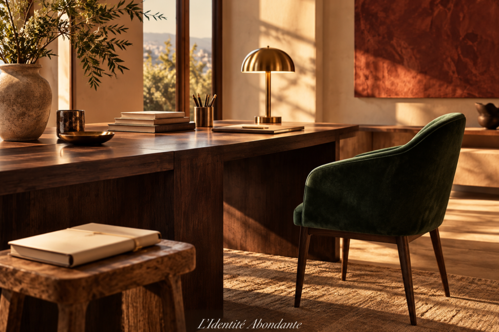 Chaise en velours vert légèrement retirée d’une table en bois, avec un carnet crème posé sur un tabouret au premier plan.