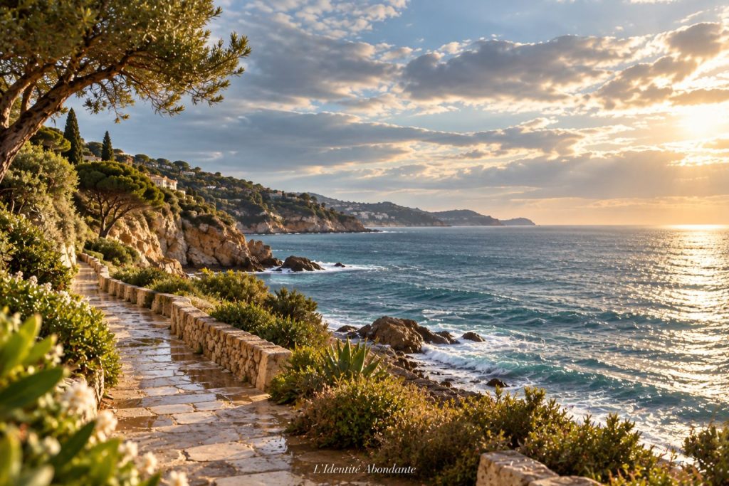 Femme mature marchant le long d’une promenade de bord de mer, cheveux soulevés par le vent et regard dirigé vers le chemin ; scène évoquant le retour à la vie quotidienne après un temps de pratique.