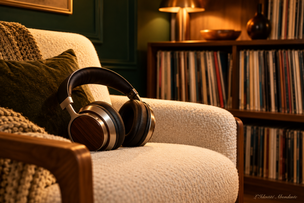 Un casque audio devant une bibliothèque musicale ; portrait illustrant le retour à une écoute choisie.