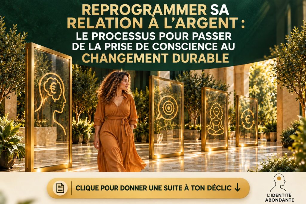 Femme marchant dans un espace lumineux entre plusieurs cadres dorés illustrant le cerveau, un objectif, la méditation et l’argent, sous le titre « Reprogrammer sa relation à l’argent : le processus po