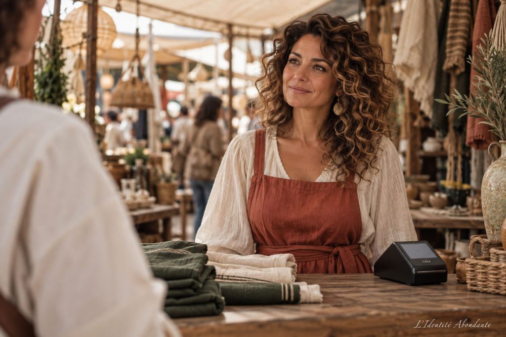 Femme méditerranéenne derrière un comptoir de marché artisanal, face à un client partiellement visible ; l’échange autour d’un terminal de paiement évoque le moment de recevoir sans ajouter aussitôt une contrepartie.