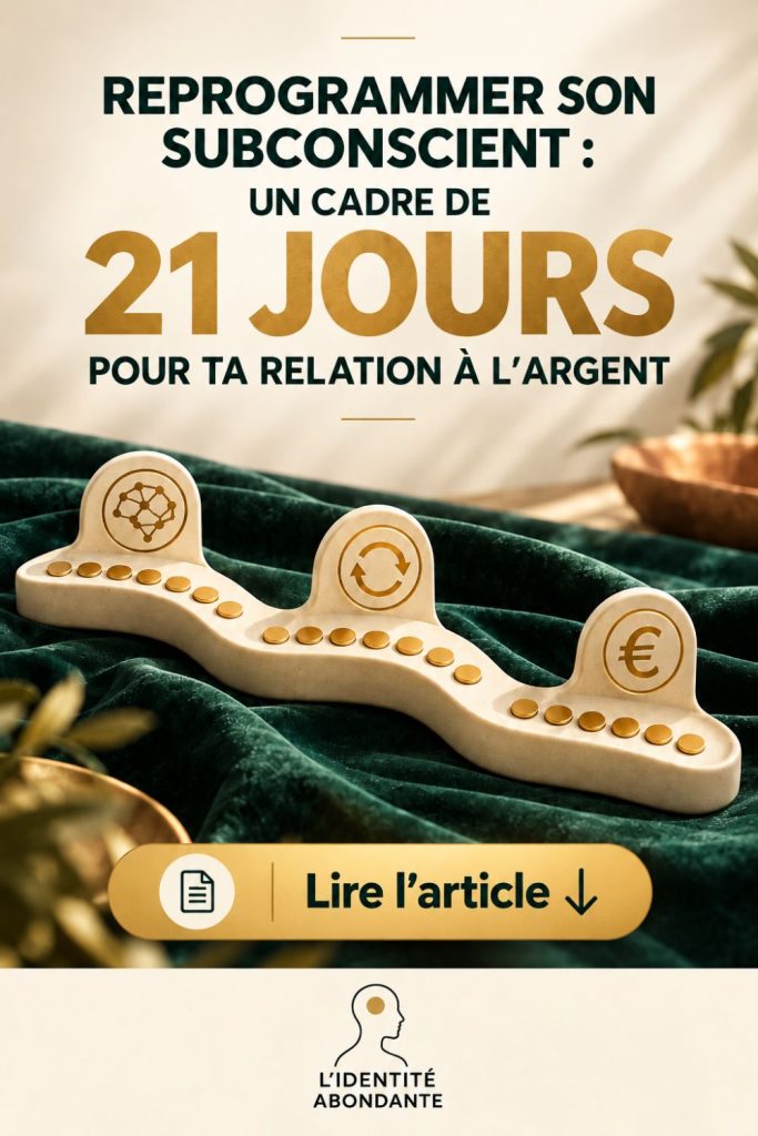Visuel « Reprogrammer son subconscient : un cadre de 21 jours pour ta relation à l’argent ». Sur un fond crème et vert profond, une sculpture abstraite en pierre claire présente des symboles dorés de connexions, de renouvellement et d’euro, évoquant les croyances, les habitudes et la relation à l’argent. Bouton doré « Lire l’article » avec flèche vers le bas et logo L’Identité Abondante.