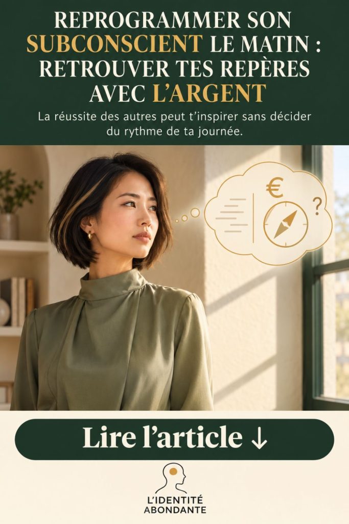 Illustration sur la reprogrammation du subconscient le matin : femme brune en blouse vert sauge, dans un intérieur lumineux, regardant au loin. Une bulle de pensée contient un symbole euro, une boussole et un point d’interrogation. Le visuel présente le titre « Reprogrammer son subconscient le matin : retrouver tes repères avec l’argent » et invite à lire l’article.