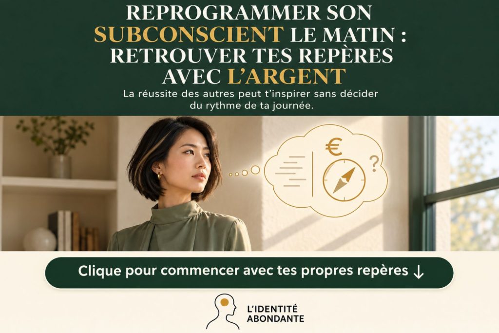 Image de couverture « Reprogrammer son subconscient le matin : retrouver tes repères avec l’argent ». Une femme brune en tenue vert sauge regarde une bulle de pensée contenant un symbole euro, une boussole et un point d’interrogation. Le visuel évoque la visualisation matinale et la recherche de ses propres repères financiers, avec un appel à lire l’article.