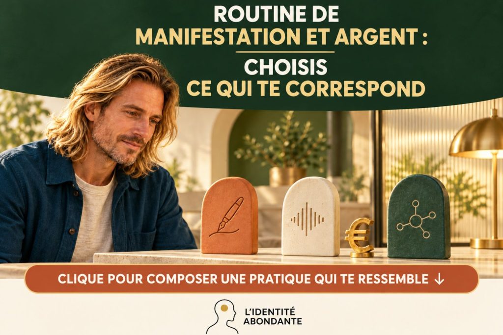 Homme blond aux cheveux longs devant trois supports symbolisant l'écriture, la méditation audio et la visualisation, accompagnés d'un symbole euro. Visuel intitulé « Routine de manifestation et argent : choisis ce qui te correspond », invitant à composer une pratique personnelle adaptée à sa relation à l'argent.