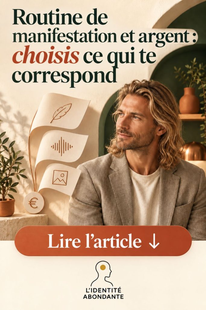 Épingle illustrant une routine de manifestation et d’argent : homme blond mature aux cheveux longs dans un intérieur crème et vert profond, accompagné de trois cartes symbolisant l’écriture, l’audio et la visualisation, d’un symbole euro et du titre « Routine de manifestation et argent : choisis ce qui te correspond ». En bas, invitation « Lire l’article » avec flèche descendante et logo L’Identité Abondante.