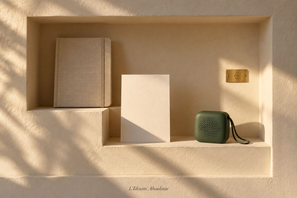 Niche murale crème contenant un carnet fermé, une carte vierge et un petit lecteur audio vert, avec un discret symbole euro gravé sur une étiquette en laiton.