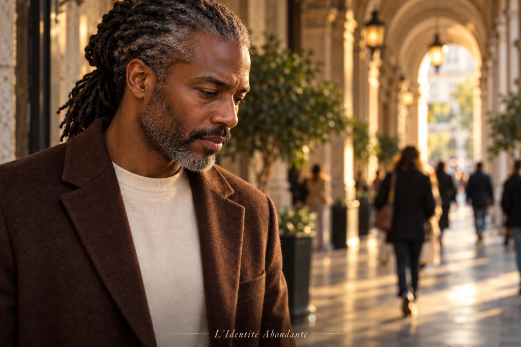 Homme noir aux locs grisonnantes attachées, immobile dans un passage couvert tandis que des passants flous circulent autour de lui ; la scène illustre une pause pour remarquer la tension avant de répéter un ancien réflexe lié à l’argent.