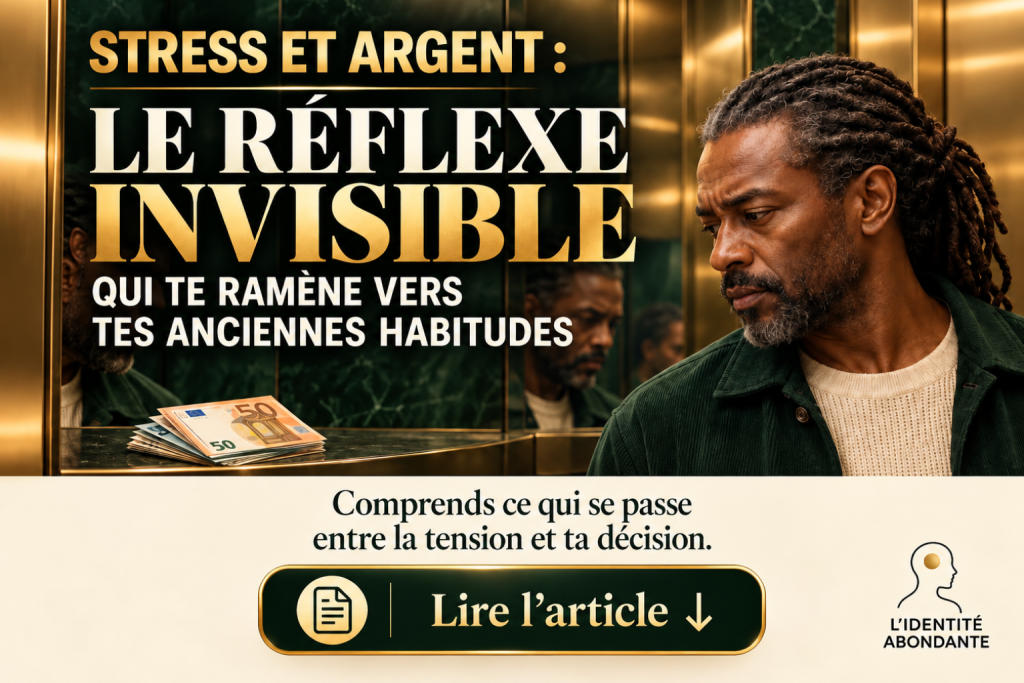 Homme noir mature aux locs grisonnantes dans un décor vert profond et doré, regardant des billets de 50 euros posés devant lui. Le visuel illustre le stress lié à l’argent et le réflexe qui peut ramener vers d’anciennes habitudes financières lorsqu’une tension apparaît.